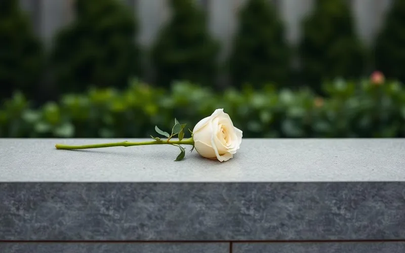 Rosa branca sobre superfície de pedra em ambiente de memorial